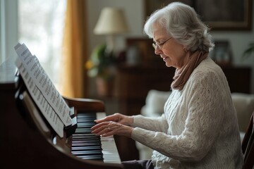 old female playing piano in living room with sheet music in front of her, senior activities