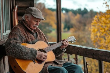 old caucasian man playing guitar outdoor at porch, serene countryside view in background. senior activities, hobbies