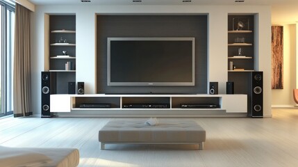 A sleek TV stand with a mounted flat-screen TV, framed by contemporary shelving units.