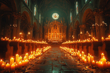 Fototapeta premium A Baroque-era church hosting a solemn All Saints' Day service with candles and prayers for the dead. Concept of Halloween in the Baroque period.