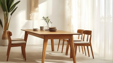 A sleek wooden dining table with four contemporary chairs, set in a bright, airy room.