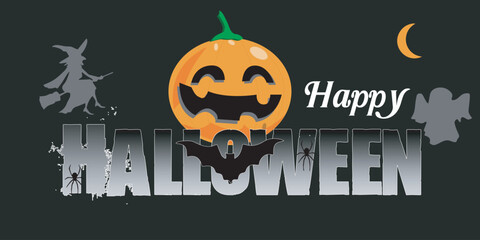 Spooktacular Halloween Celebration Design. Happy Halloween Letters, Black letter and Orange Pumpkin with black witch hat, flying witch and black spider and bat.