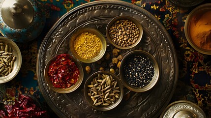 A Collection of Spices in Small Brass Bowls on a Decorative Tray