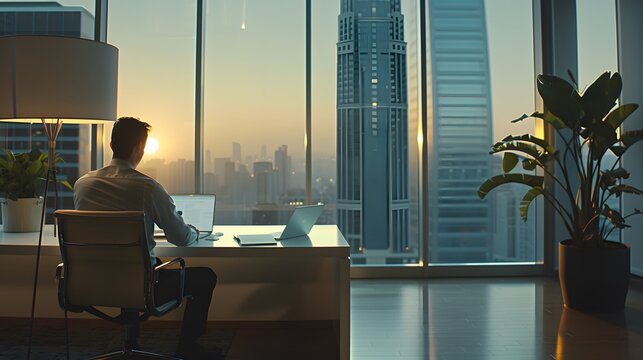 Angel investor with halo evaluating startup pitch, serene smile in soft morning light, entrepreneurial success concept