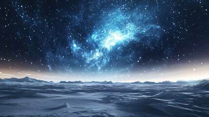 A Frozen Landscape Under a Starry Sky with a Bright Nebula