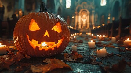 A carved pumpkin with a lit candle inside sits on the floor of a church, surrounded by candles and autumn leaves.