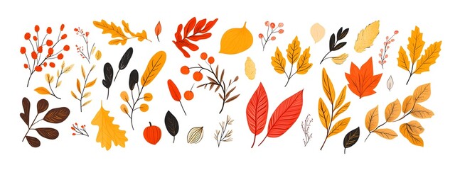 Obraz premium Set of autumn leaves clip art, vector illustration, white background, flat color, hand-drawn style, autumn colors