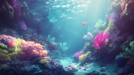Fototapeta premium Vibrant Underwater Coral Reef Scene with a Single Fish