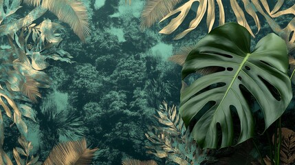 Lush green tropical leaves with gold accents on a textured dark green background.