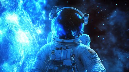 Astronaut Gazing into a Blue Nebula