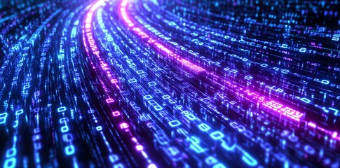 Abstract digital background with glowing blue and pink lines and numbers.