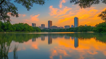 Fototapeta premium City Skyline Reflection: A Stunning Urban Landscape Mirrored in Water