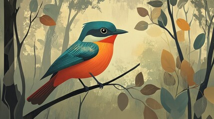 A Vibrant Bird Perched on a Branch in a Forest Setting