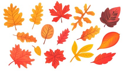 Obraz premium Set of autumn leaves clip art, vector illustration, white background, flat color, hand-drawn style, autumn colors