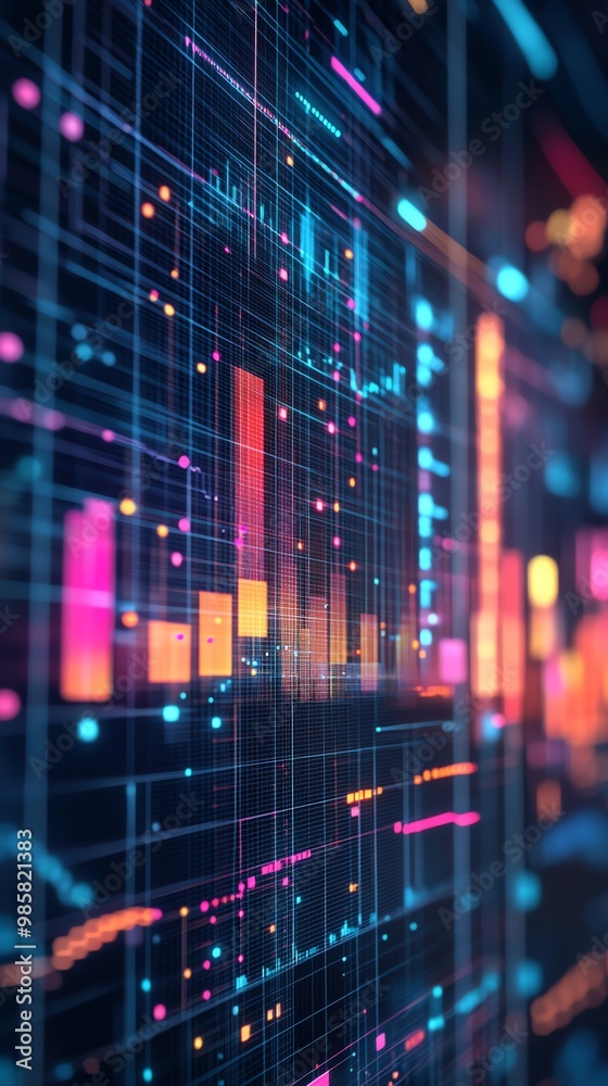 Wall mural abstract digital grid with glowing lines and data points in vibrant colors.
