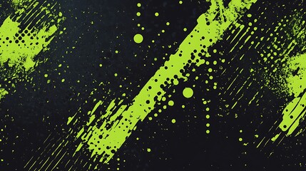 Energetic Lime Green Halftone Pattern with Paint Splatters on Black Background