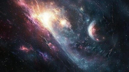 Obraz premium Cosmic Landscape with a Bright Nebula and a Distant Planet