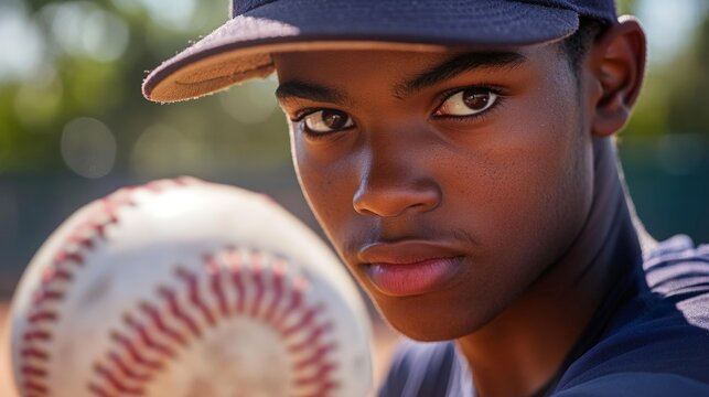 Close-up candid portrait of a high school baseball pitcher gripping the ball tightly, preparing to throw a fast pitch, their focus intense