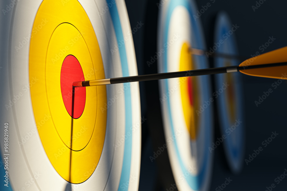 Poster close-up of an arrow hitting the bullseye on a dartboard, symbolizing precision and success. 3d rend