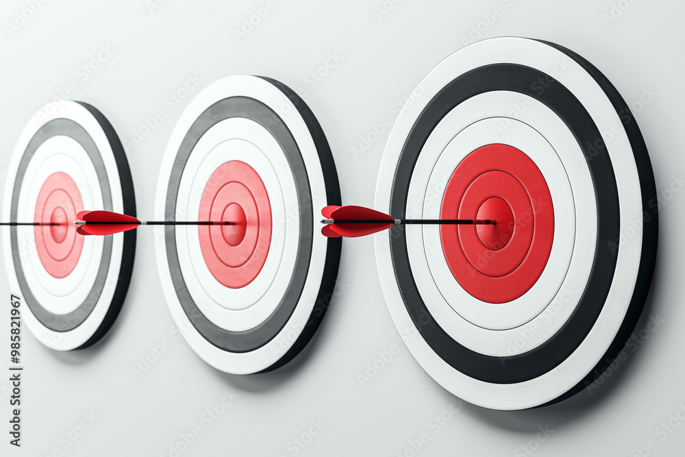 Poster multiple dartboards with arrows hitting bullseyes on a white wall. 3d rendering