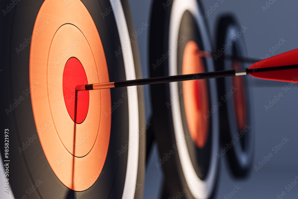 Poster Closeup of a dart hitting the bullseye on a dartboard, symbolizing success and accuracy. 3D Rendering
