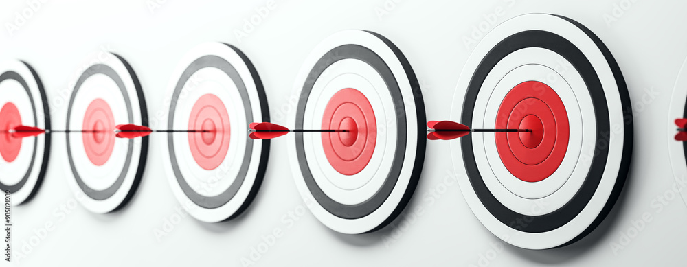 Poster Row of Dartboards with Arrows Hitting Bullseyes. 3D Rendering