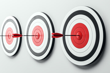 Multiple dartboards with arrows hitting bullseyes on a white wall. 3D Rendering