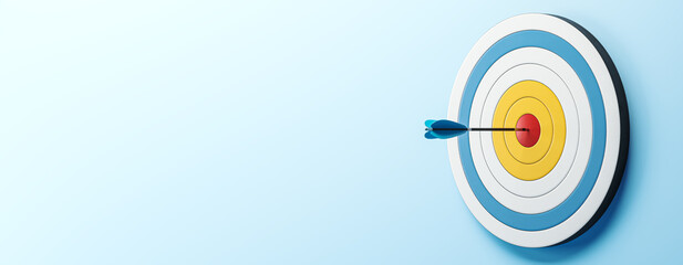 Dart hitting the bullseye of a colored dartboard on a blue background. 3D Rendering © Who is Danny