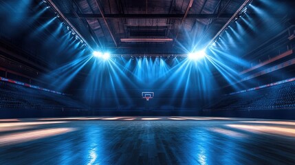 A sports arena with the spotlight focusing on the center court.