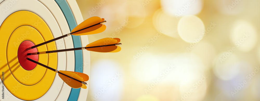 Poster three darts hitting the bullseye on a dartboard, symbolizing success and precision. 3d rendering