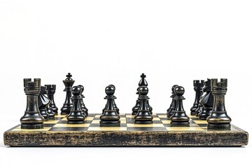 Isolated on a white background are black chess pieces on an antique wooden chessboard. Generative Ai