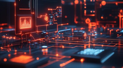 Abstract futuristic background with glowing red lines and digital interfaces.