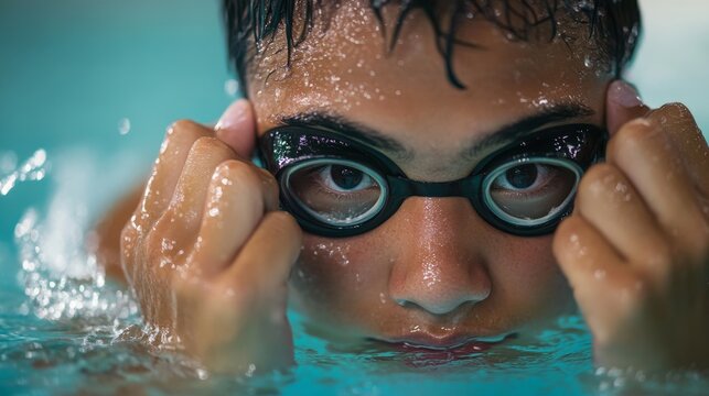 Close-up candid portrait of a high school swimmer adjusting their goggles before jumping into the pool, water splashing in the background