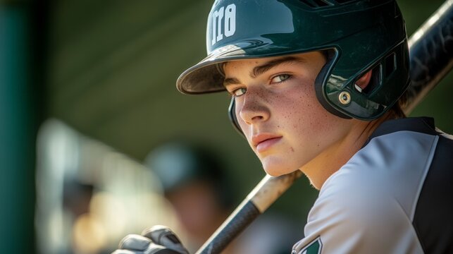 Close-up candid portrait of a high school baseball player gripping a bat tightly as they step up to home plate, focused on the pitcher