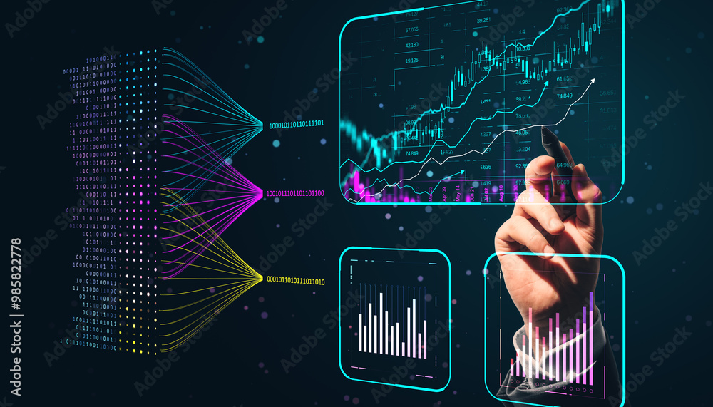 Poster Hand interacting with digital financial data charts and algorithmic lines on a futuristic interface.
