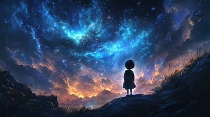 Obraz premium A lone girl gazes at a vast, starry sky filled with nebulae and clouds