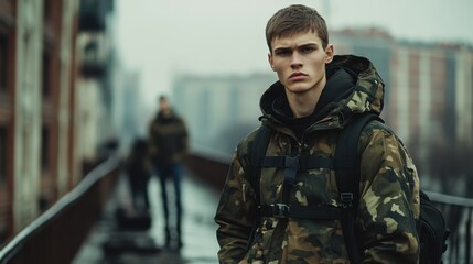 Fototapeta premium Young soldier wearing camouflage standing on rooftop during military operation