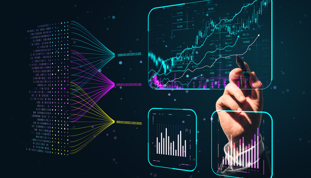 Hand interacting with digital financial data charts and algorithmic lines on a futuristic interface.