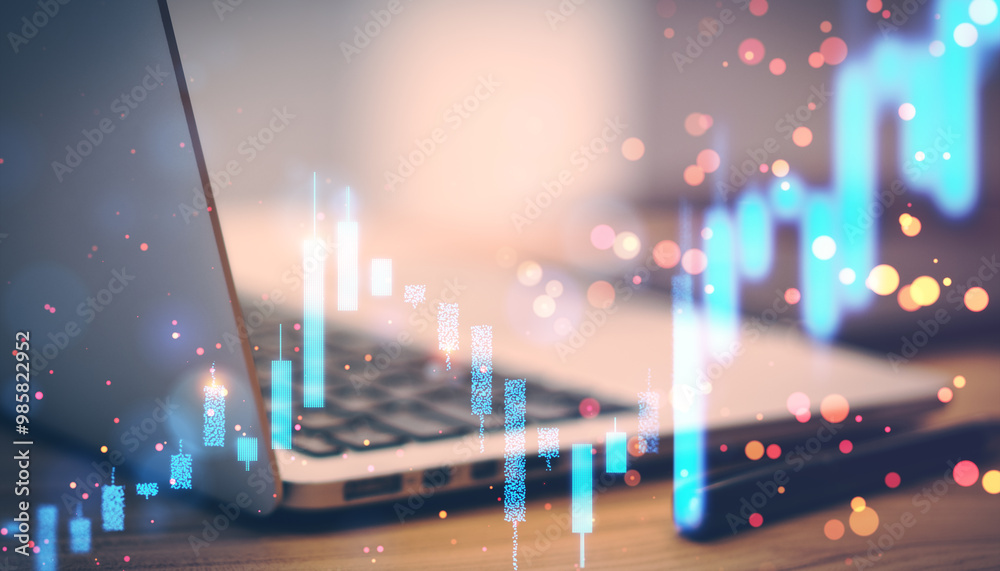 Poster Candlestick charts displayed on a laptop screen with bokeh effects in the background.