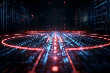 Futuristic Investment Blueprint: Dynamic Circular Diagram with Glowing Arrows in Intense Red and Blue Light, Dark Futuristic Setting