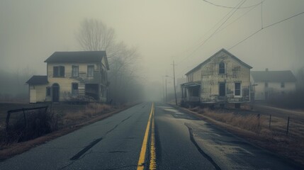 Foggy Road with Houses
