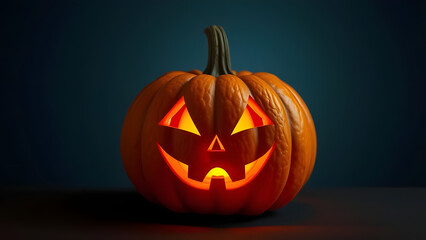 Glowing jack-o'-lantern with a spooky face set against a dark background