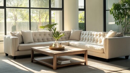 A stylish corner sofa set with a coffee table in a cozy, sunlit living room.