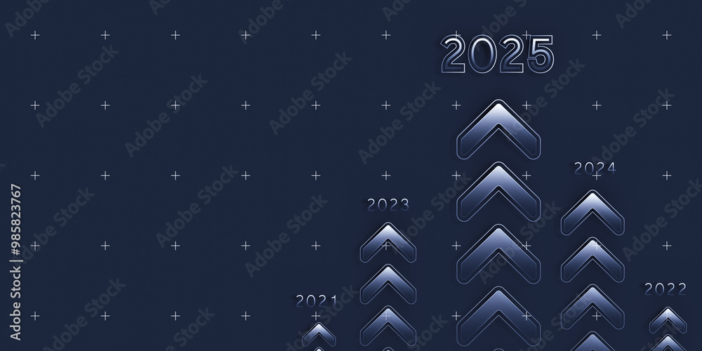 Poster Arrow growth chart showing upward progress from 2021 to 2025 on dark background. 3D Rendering