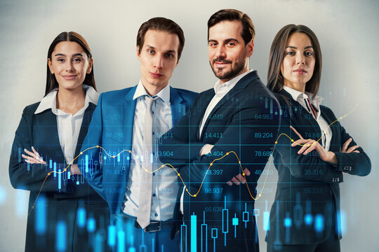 Confident business professionals standing together with financial charts overlay in the background.