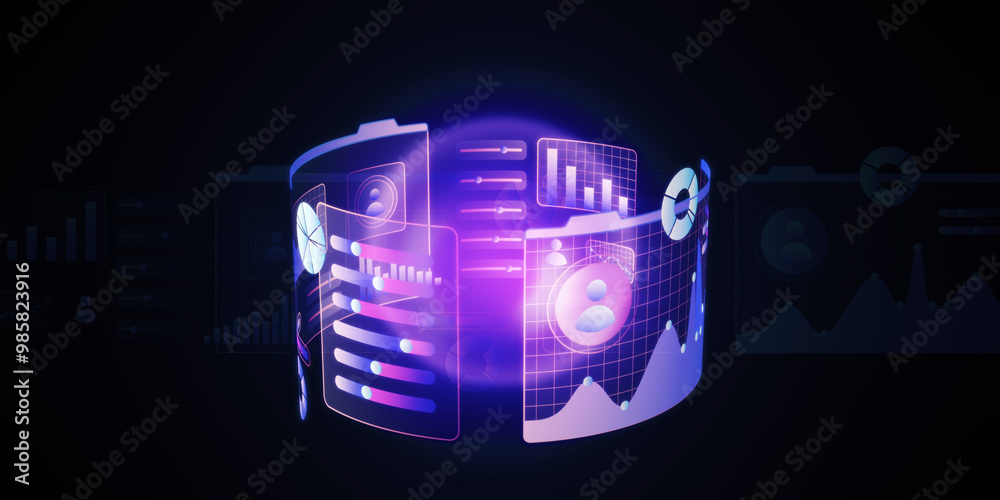 Poster Digital holographic interface with charts and graphs on a dark background. 3D Rendering