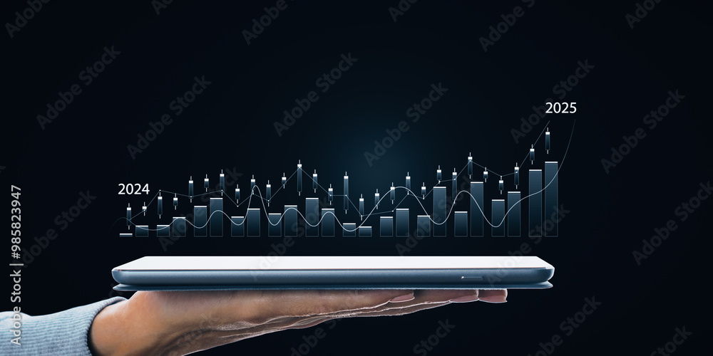 Poster financial graph with forecast for 2024 and 2025 displayed on a tablet in hand, dark background.
