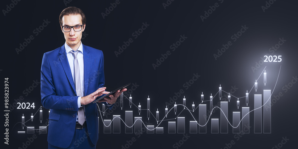 Poster businessman in blue suit analyzing financial data on tablet with 2024-2025 growth chart in backgroun