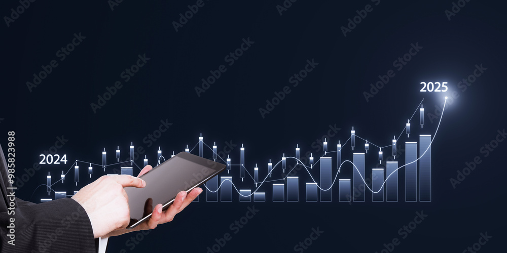 Poster Businessman using tablet with financial graph and candlestick chart showing upward trend towards 2025 on dark background.