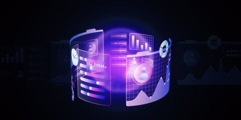 Digital holographic interface with charts and graphs on a dark background. 3D Rendering